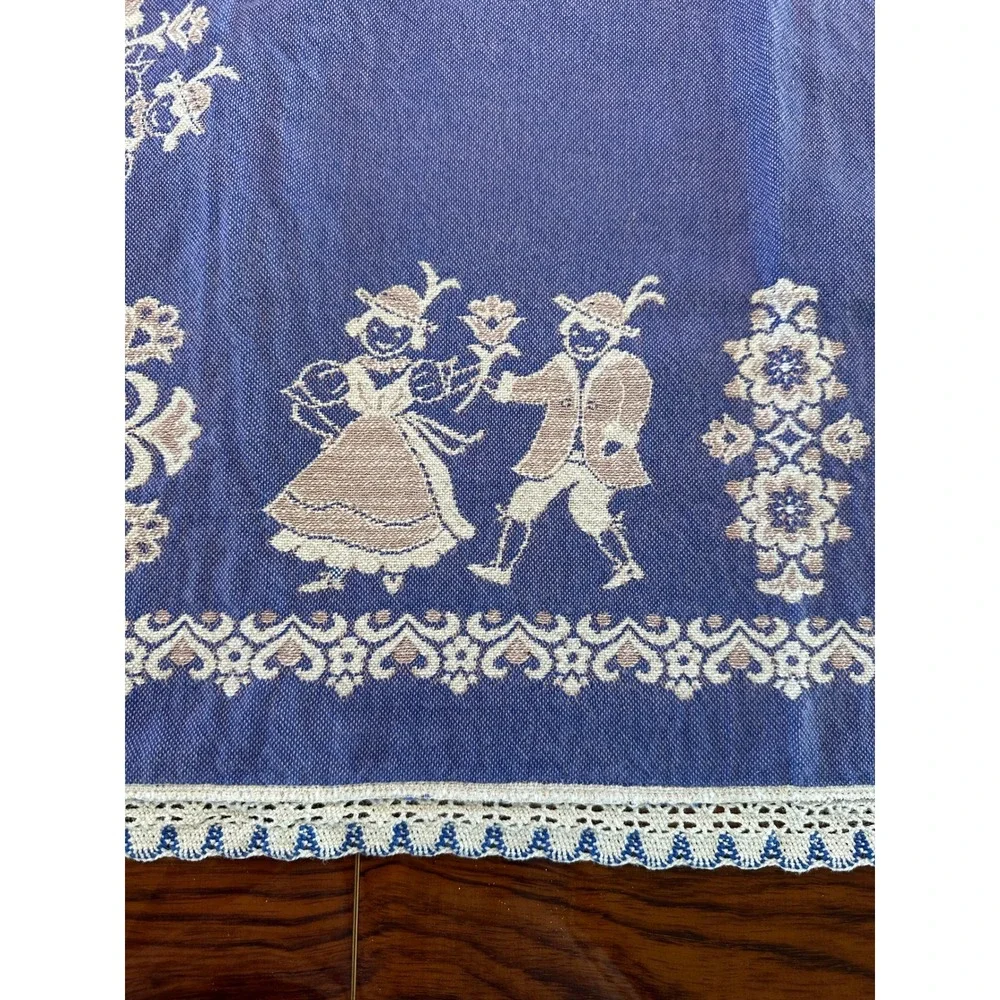 Vintage Blue White Folk Art Woven Tablecloth Lace Trim Bavarian Alpine Figures